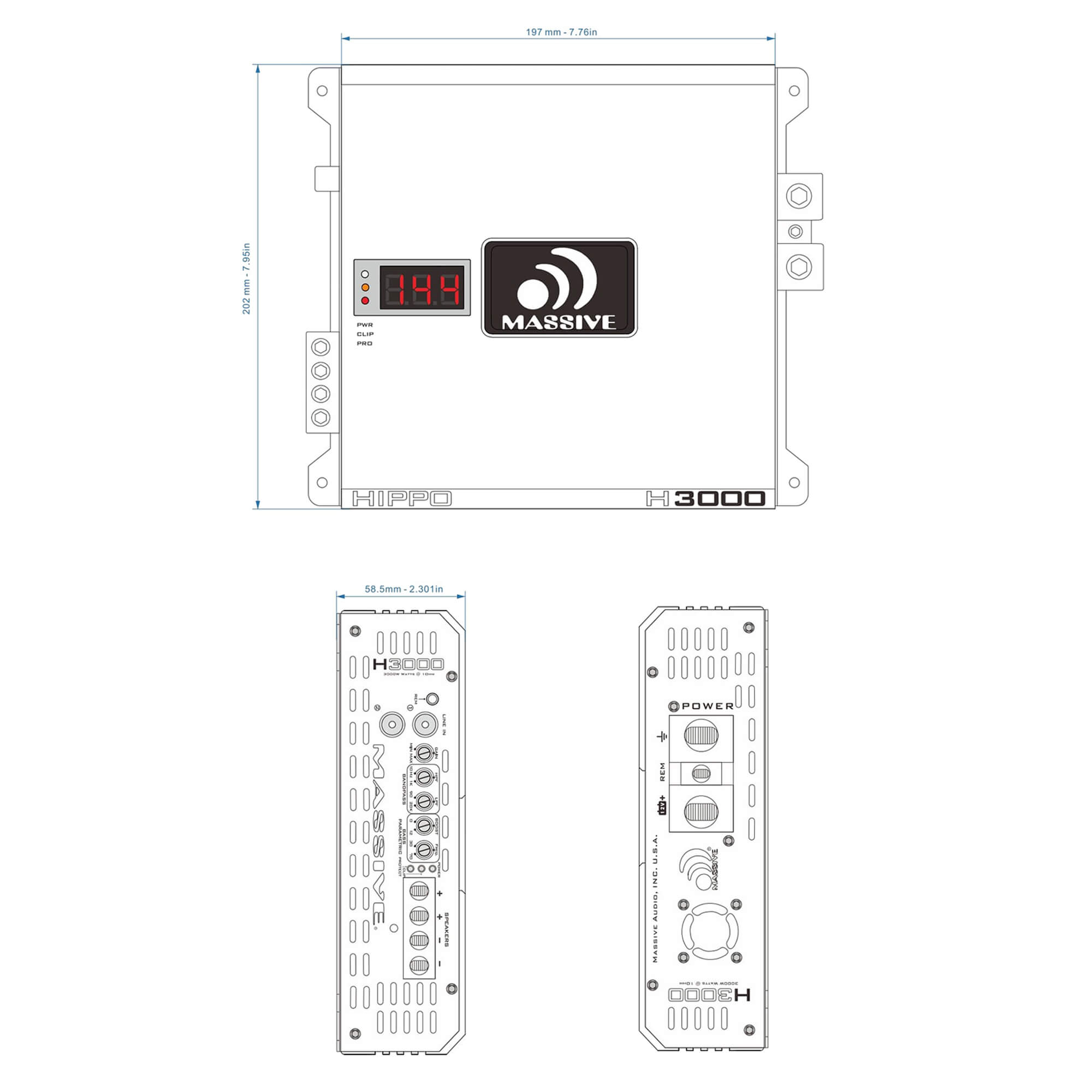 H3000 - 3000 Watts RMS @ 1 Ohm Mono Block Hippo Series Amplifier