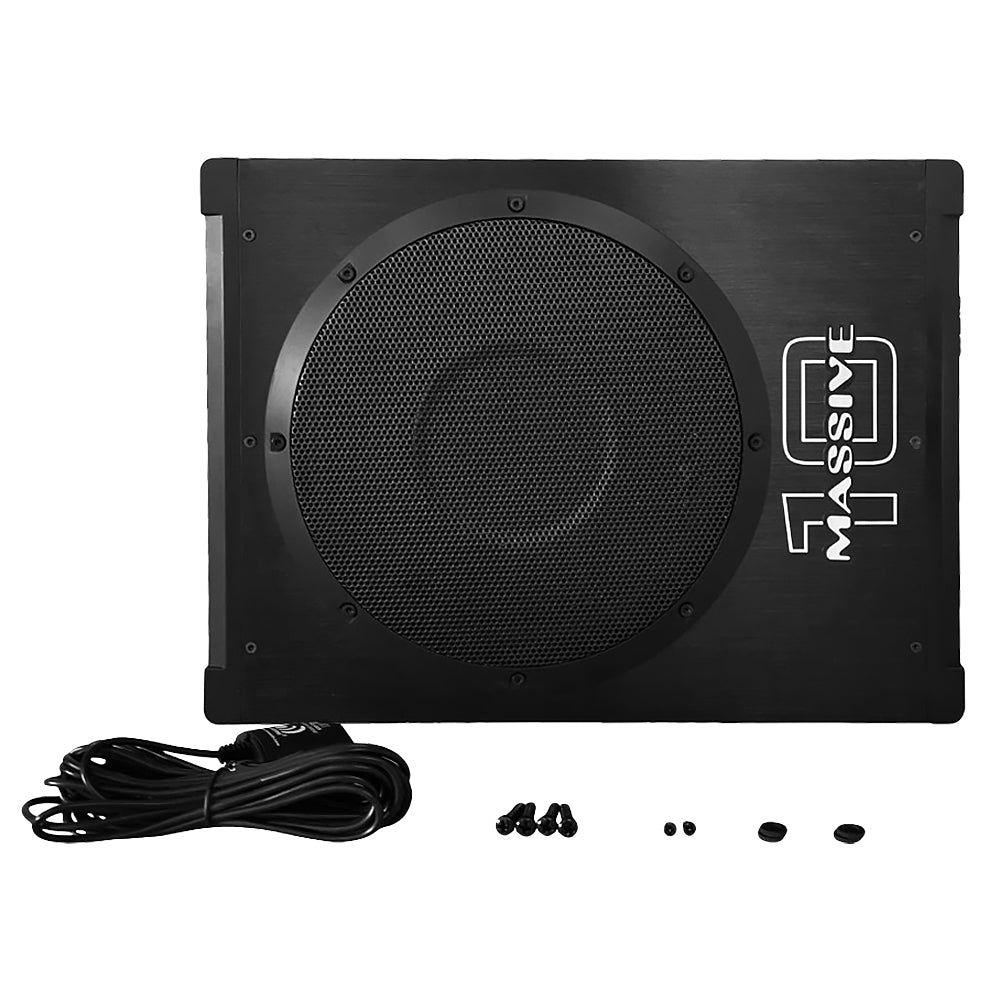 BOOM10 - 10" 300 Watts RMS Hideaway Under Seat Powered Subwoofer, Clip LED, Bass Boost, 180º Phase Shift